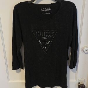 Guess Black Mineral-Wash Logo Long Sleeve Shirt With Criss Cross Open Back